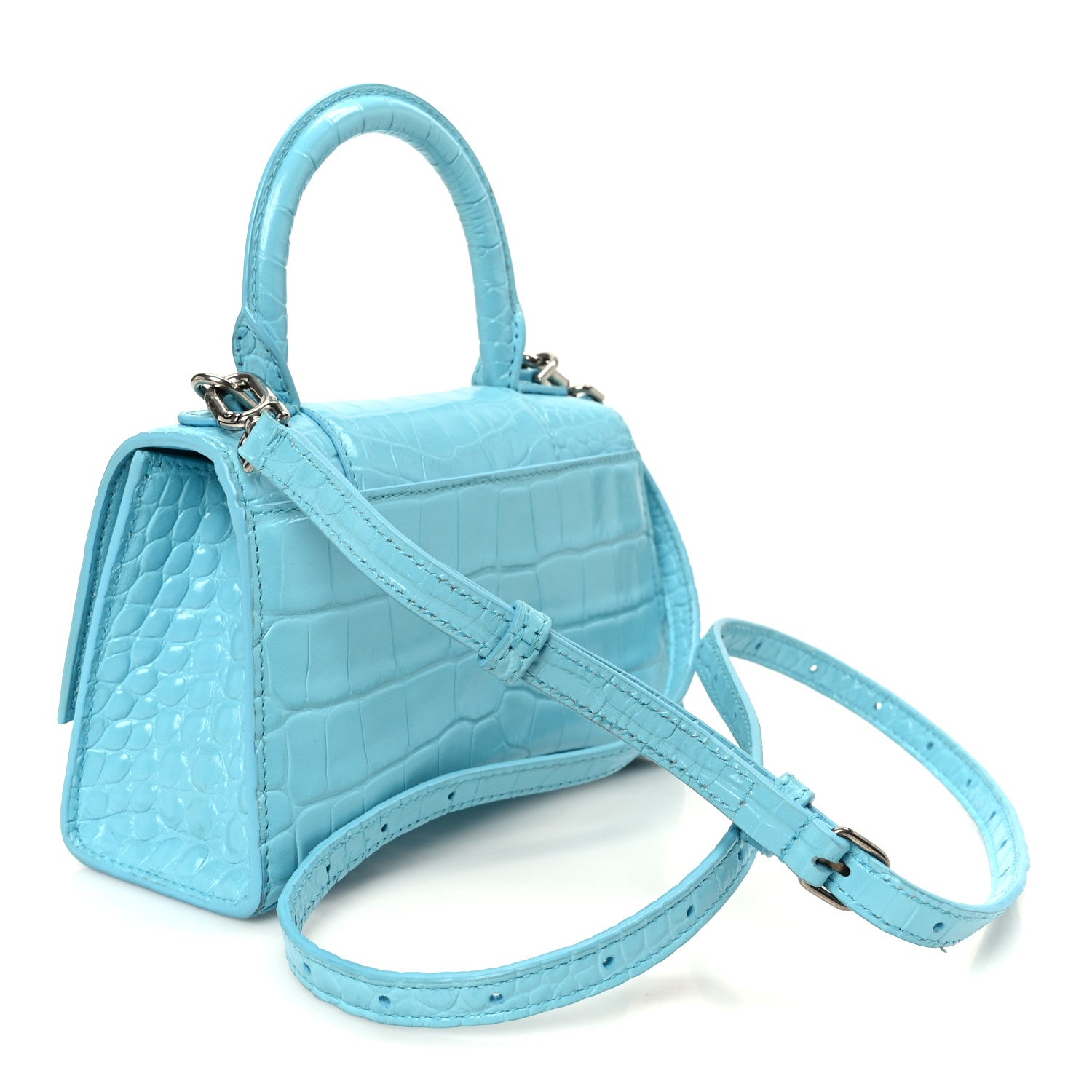 Balenciaga Shiny Calfskin Crocodile Embossed Hourglass Top Handle Bag XS Turquoise 3 of 11