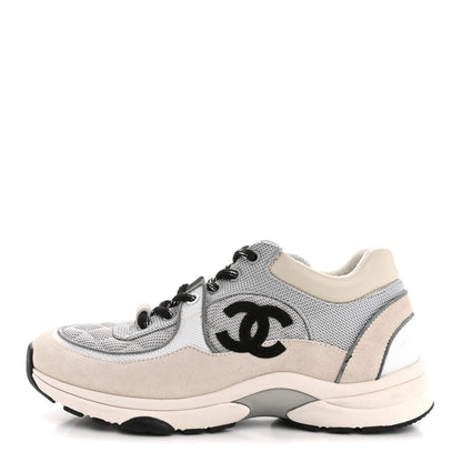 Chanel Nylon Calfskin Suede Womens CC Sneakers 36.5 Grey White 1 of 13