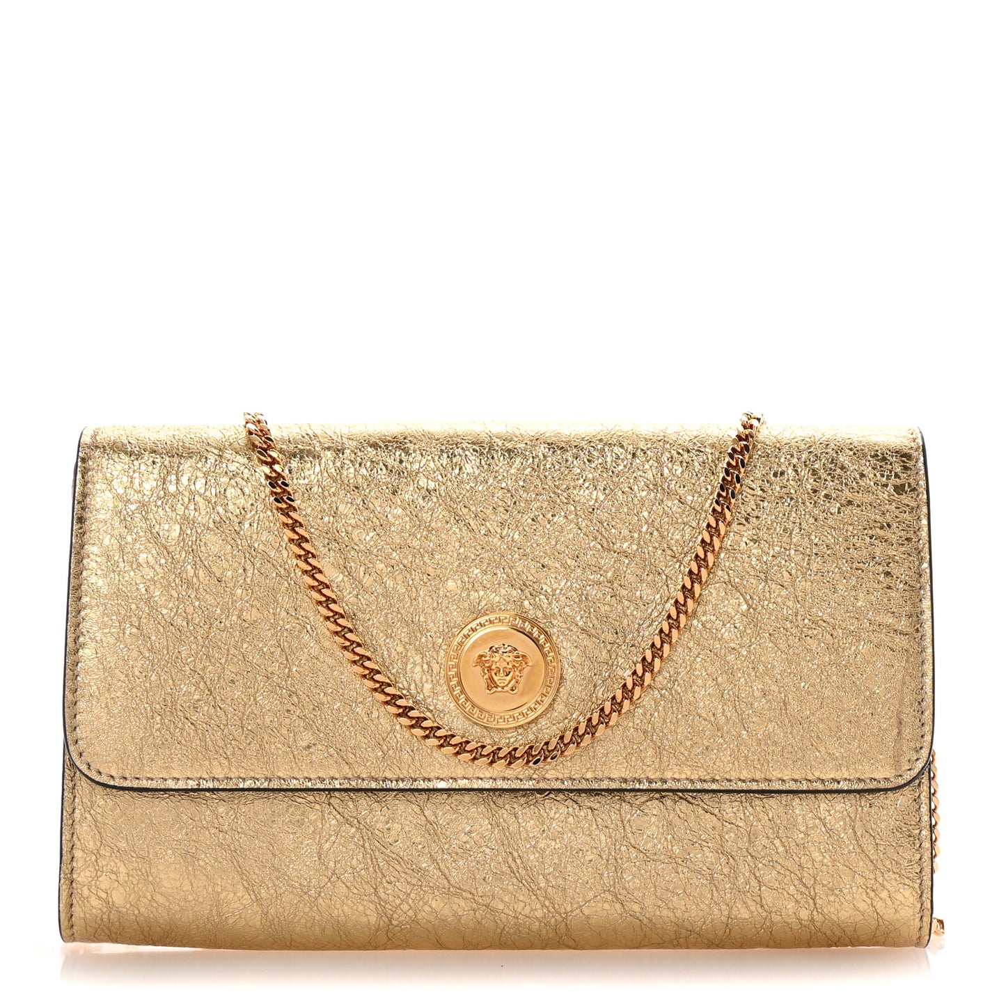 Metallic Calfskin Medusa Wallet On Chain Gold
