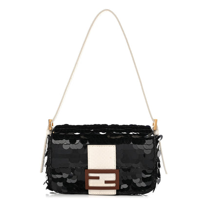 Fendi Satin Sequin Paillettes Elaphe Plexiglass Mini Baguette 1997 Black Avorio 1 of 12