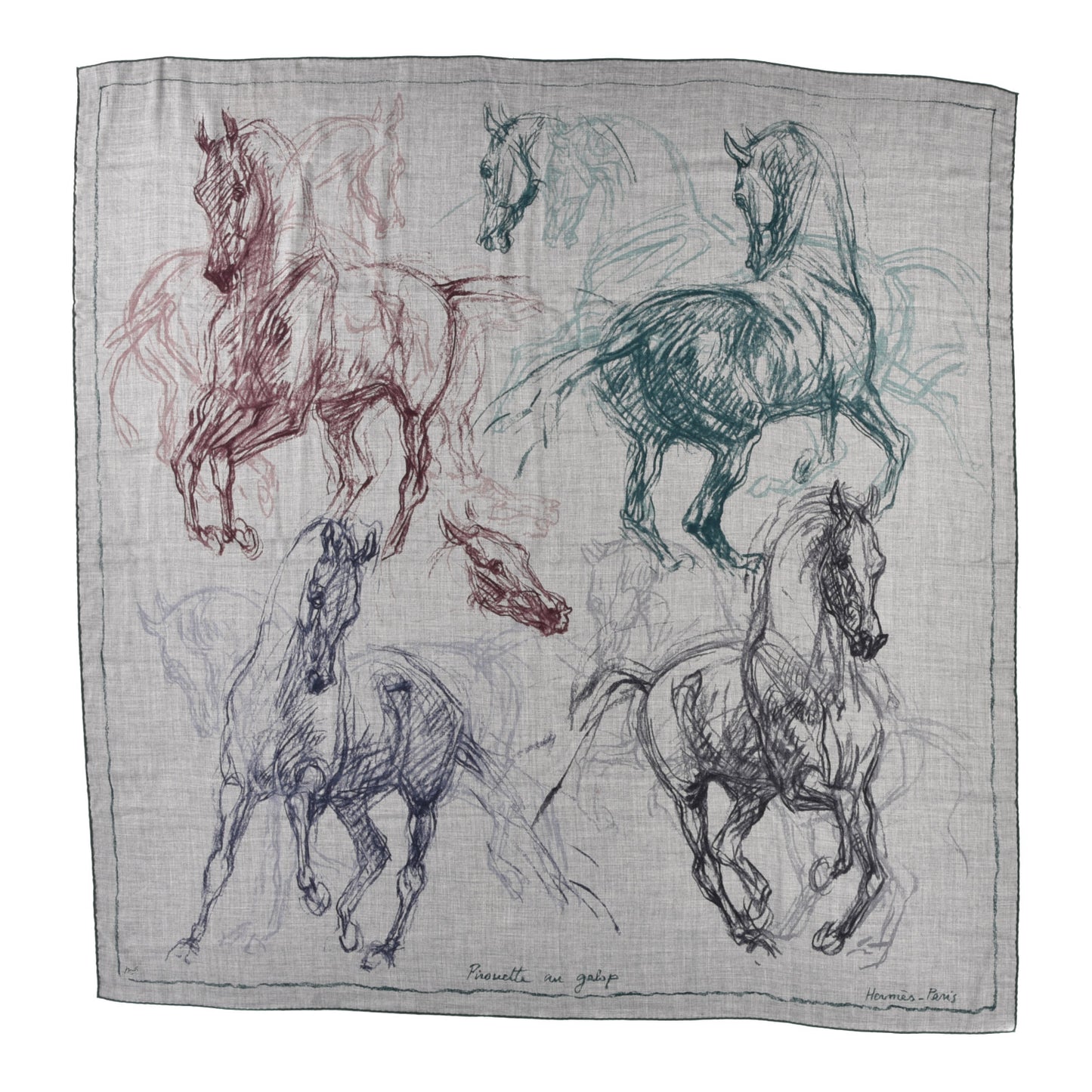Cashmere Silk Pirouette au Galop Shawl 140 Gris Chine Prune Vert