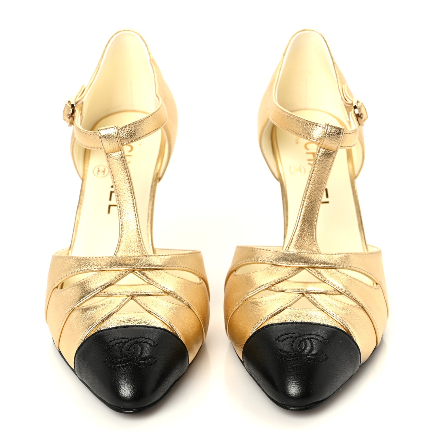Laminated Lambskin Cap Toe CC Mary Jane Pumps 37 Gold Black