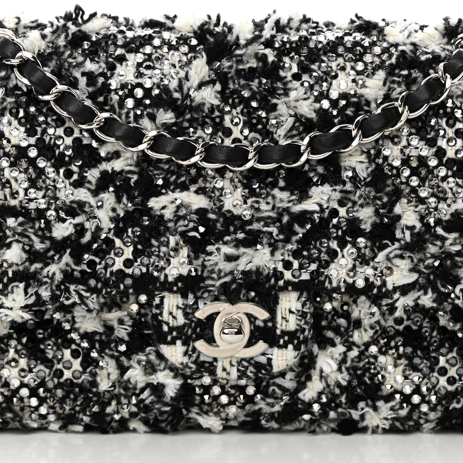 Chanel Crystal Tweed Quilted Medium Double Flap Black Ecru White 8 of 10