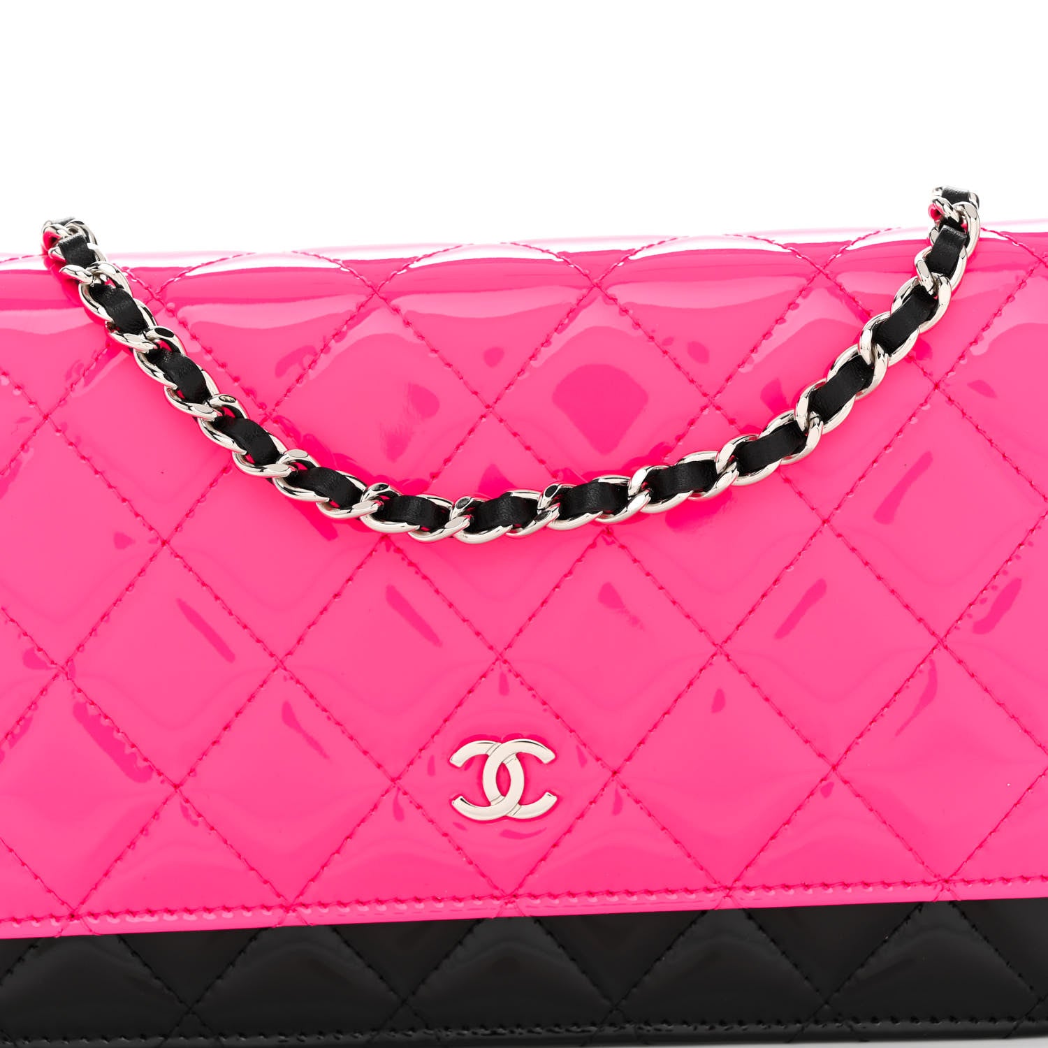 Chanel Patent Quilted Bi-Color Wallet On Chain WOC Pink Black 8 of 10