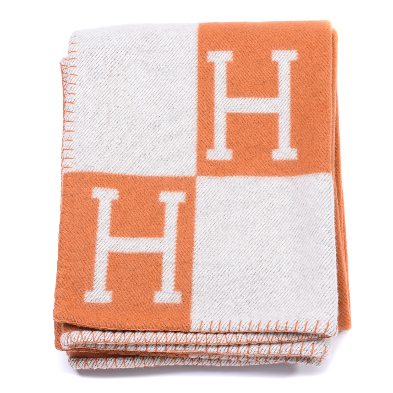 Hermes Wool Cashmere Signature Classic Avalon Blanket Ecru Potiron 1 of 3