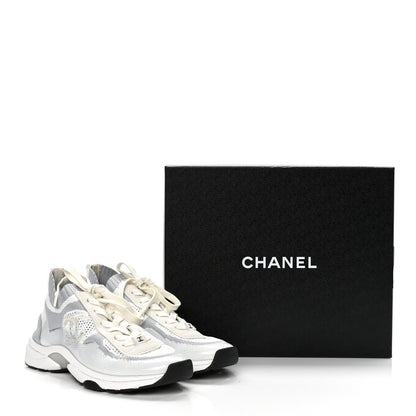 Chanel Fabric Suede Calfskin Stretch CC Sneakers 38.5 White Grey 9 of 9