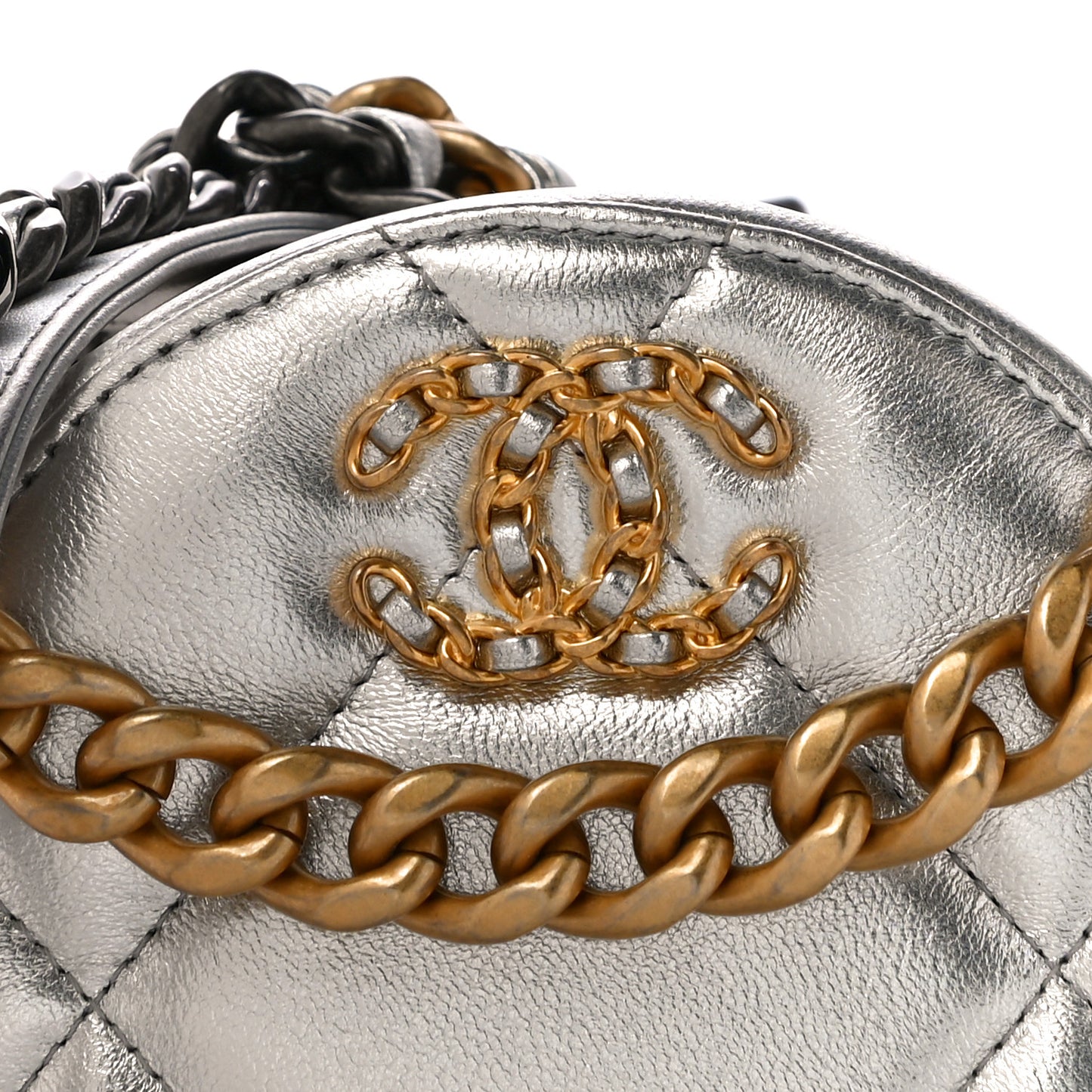 Metallic Lambskin Quilted Chanel 19 Round Clutch With Chain Silver