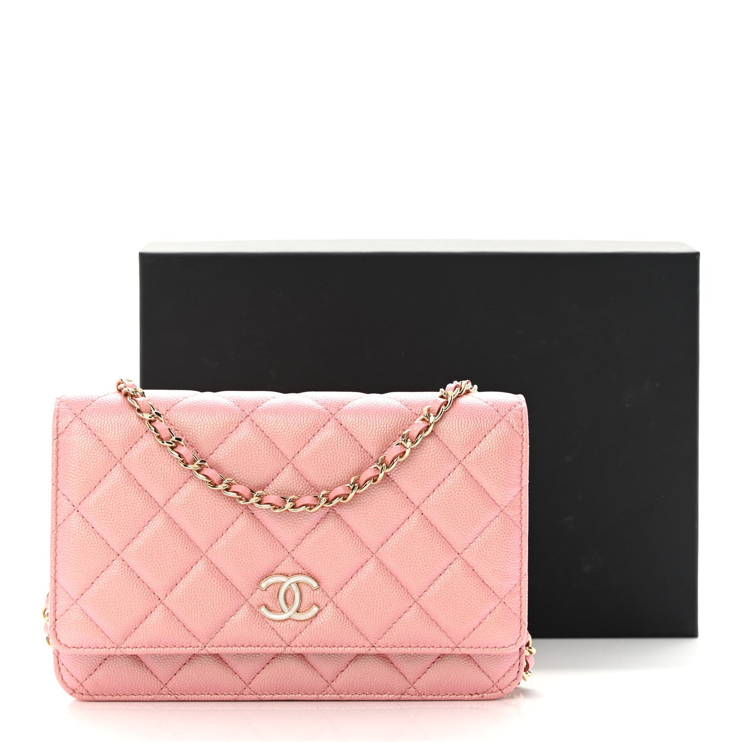 Iridescent Caviar Quilted Wallet on Chain WOC Rose Pink