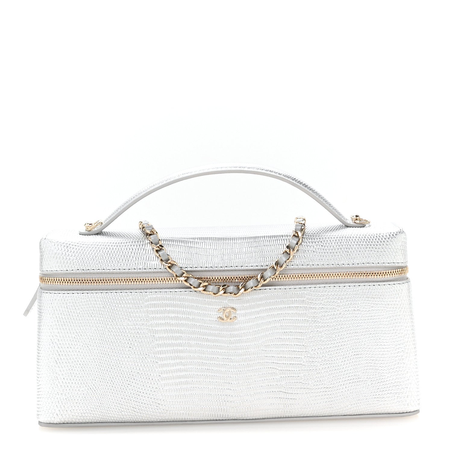 Chanel Lizard Embossed Top Handle Slim Vanity With Chain Silvery 1 of 11