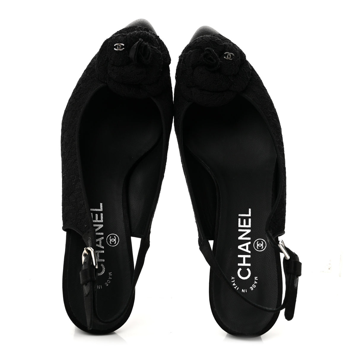 Lace Camellia CC Slingback Pumps 38 Black