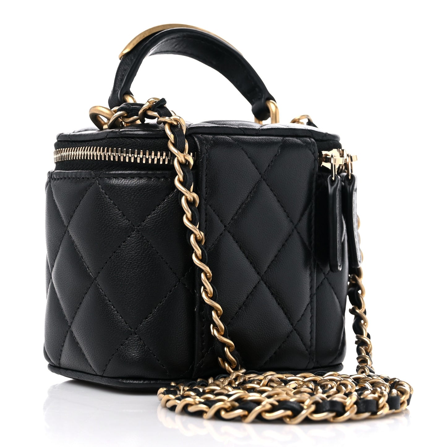 Lambskin Quilted Metal Mini Top Handle Vanity Case With Chain Black
