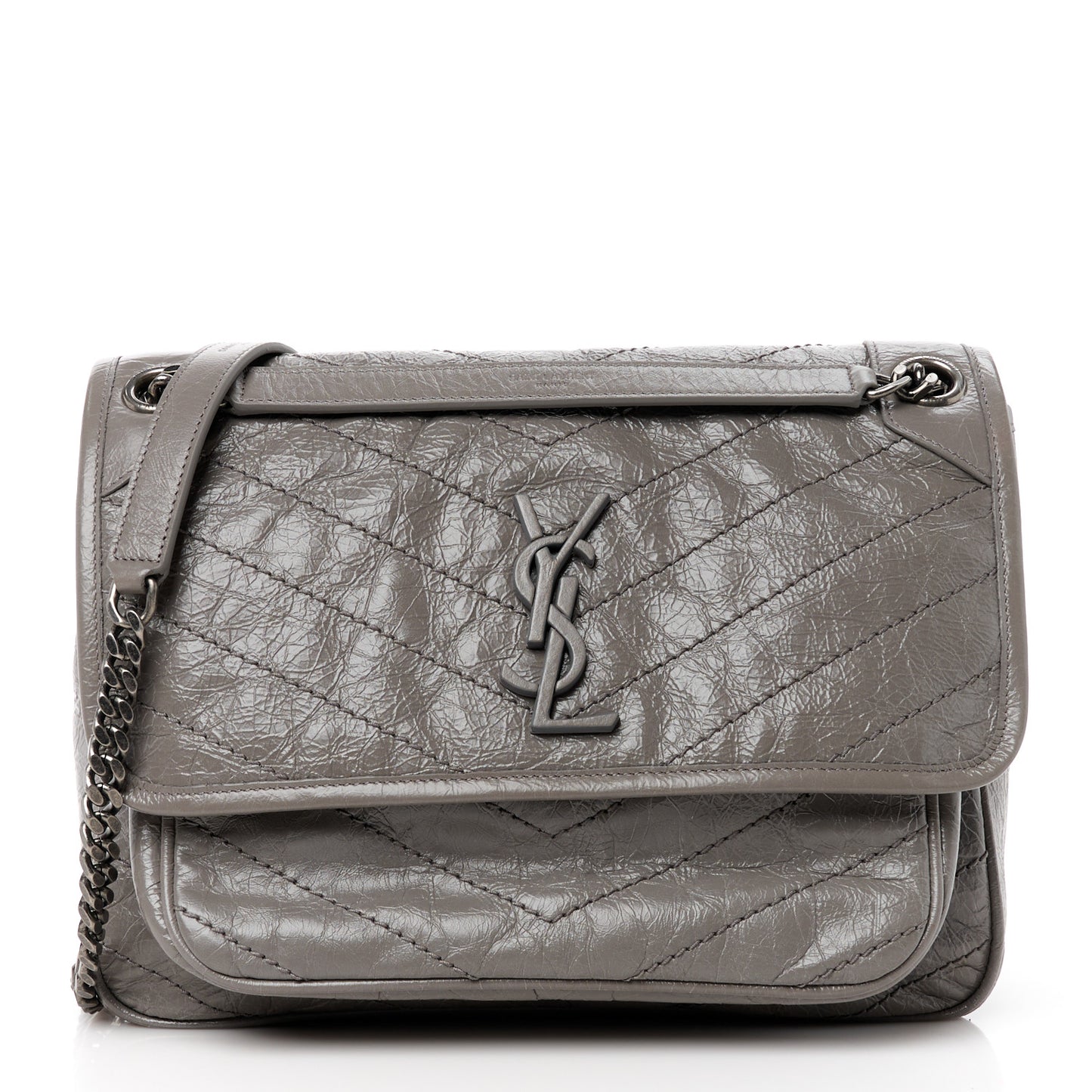 SAINT LAURENT Crinkled Calfskin Matelasse Monogram Medium Niki Chain Satchel Fog
