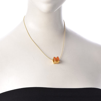 Hermes Gold Lacquered Cage d'H Pendant Necklace Orange 2 of 6