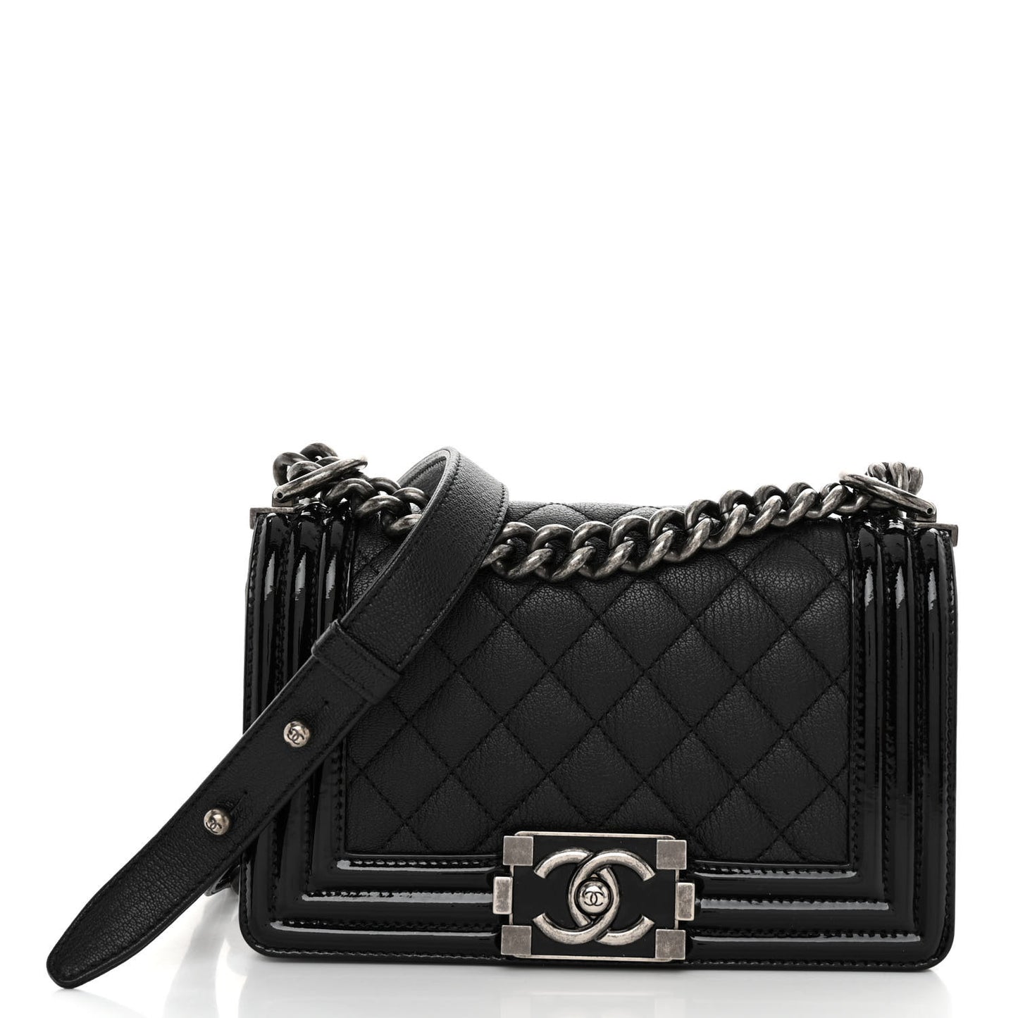 Goatskin Quilted Patent Small Duo Boy Flap Black