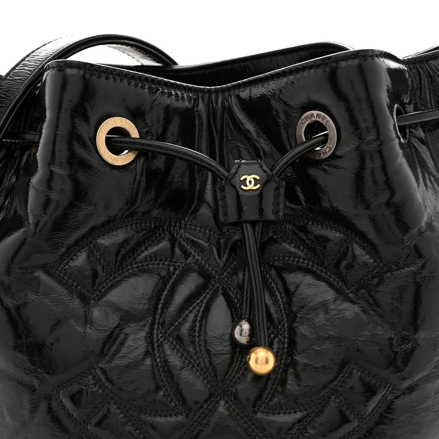 Shiny Aged Calfskin CC Chain Drawstring Bag Black