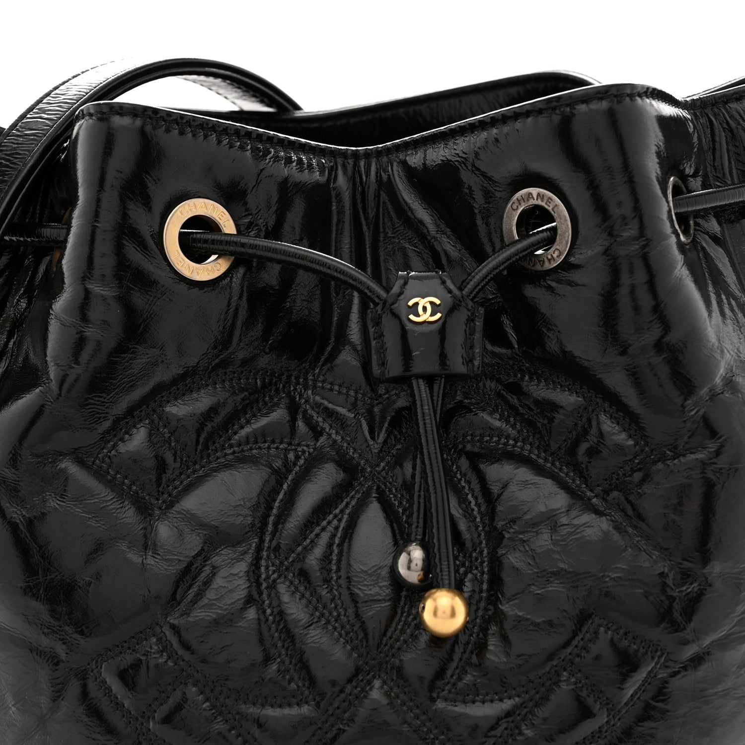 Chanel Shiny Aged Calfskin CC Chain Drawstring Bag Black 8 of 10
