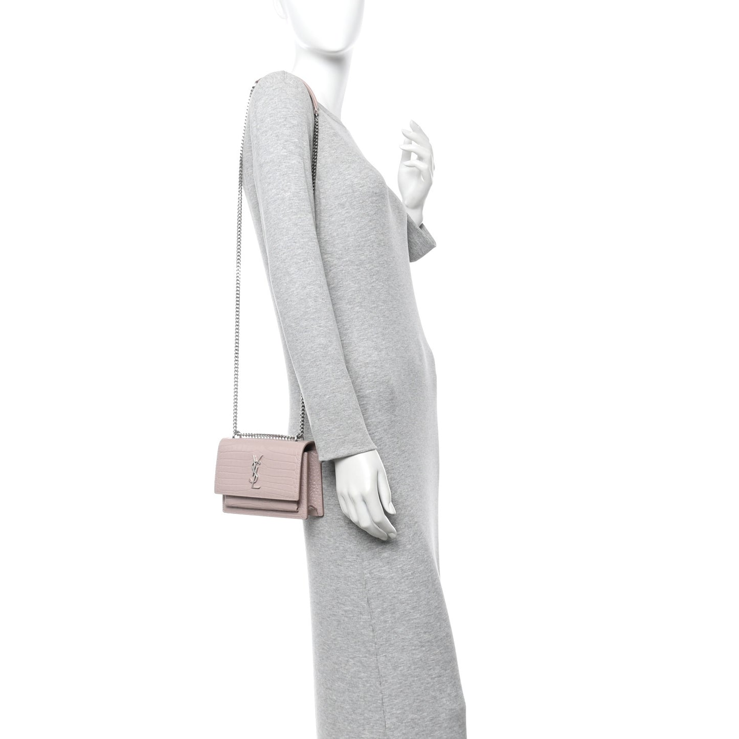 Calfskin Crocodile Embossed Monogram Sunset Chain Wallet Soft Nude