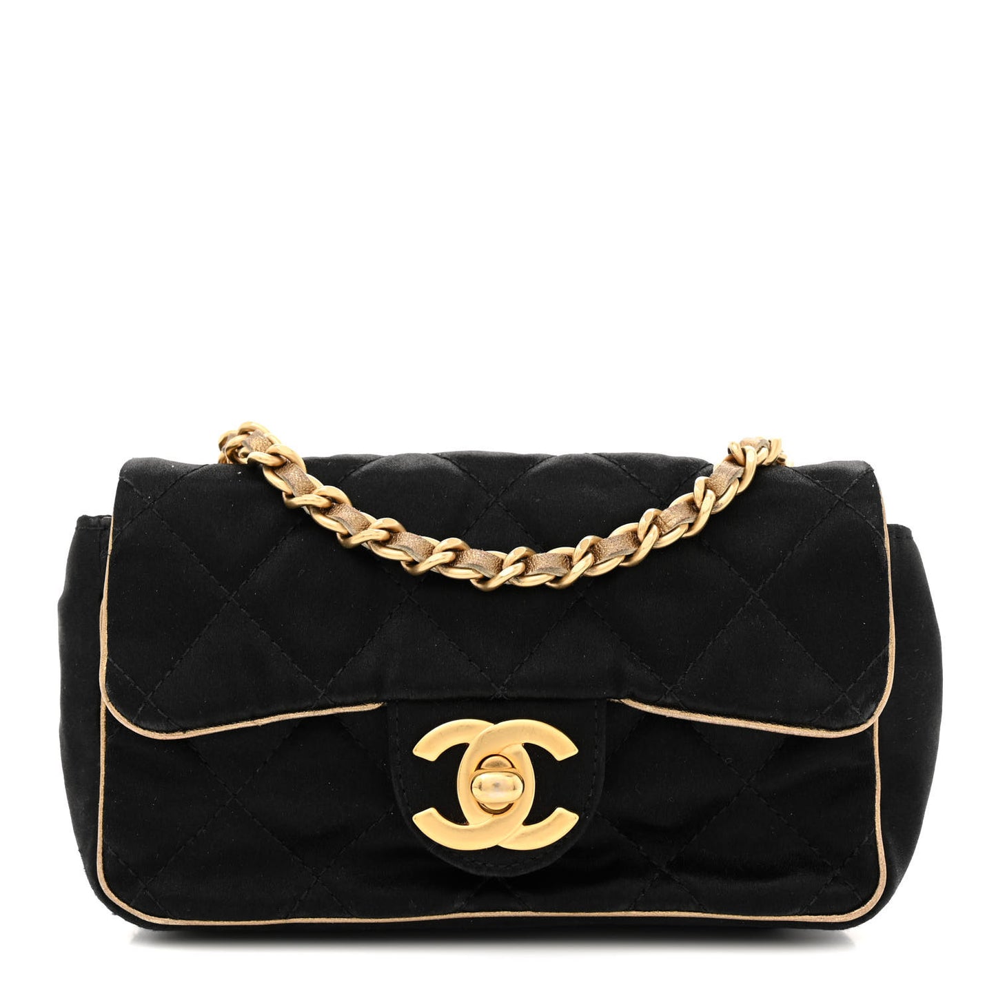 Satin Quilted Extra Mini Flap Black Gold