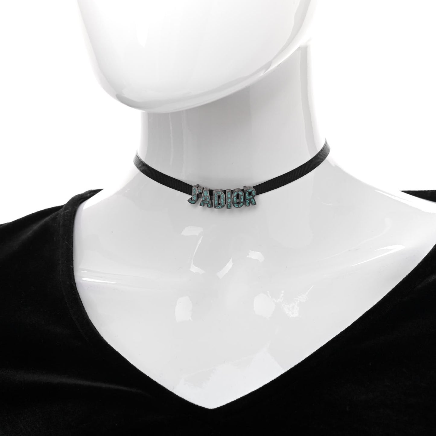 Grosgrain Ribbon Turquoise J'Adior Logo Choker Necklace Black
