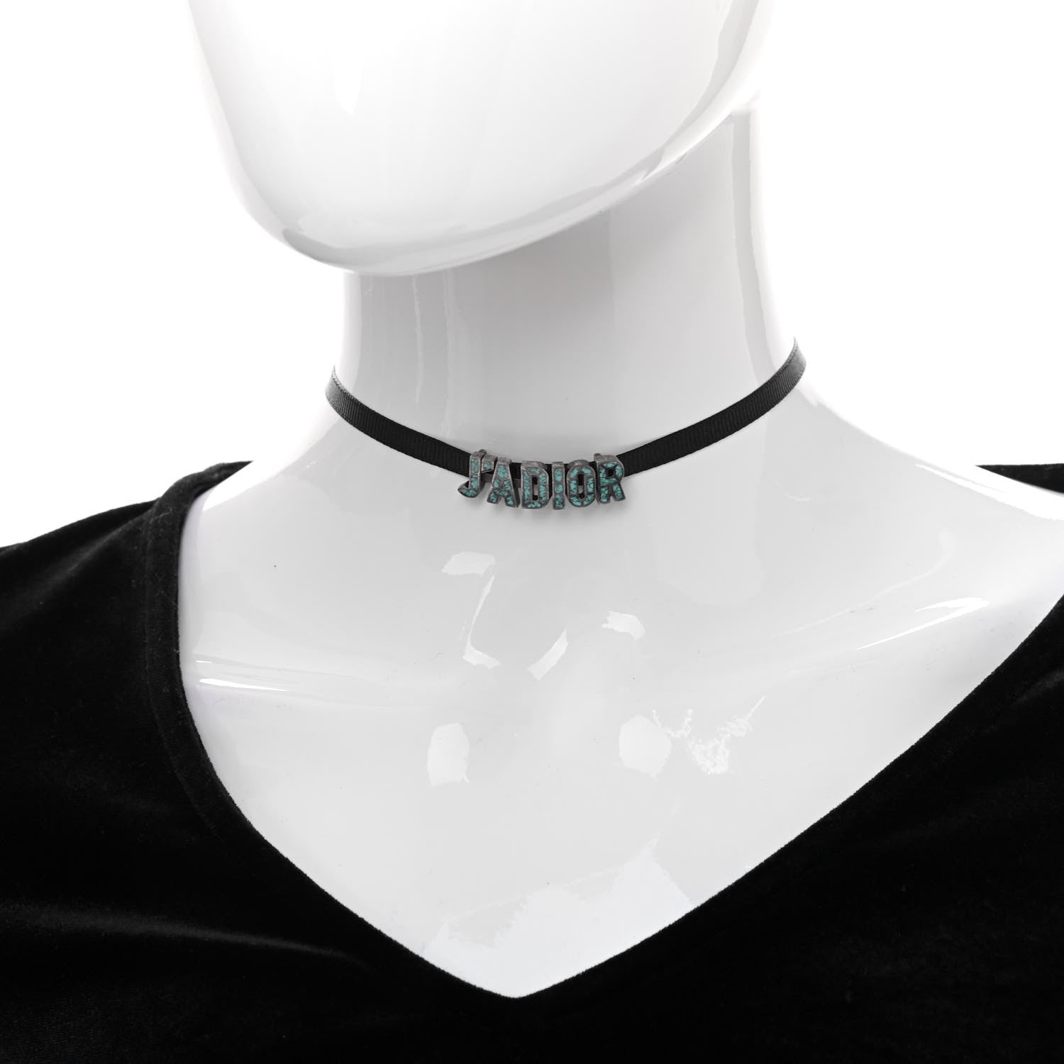 Christian Dior Grosgrain Ribbon Turquoise J'Adior Logo Choker Necklace Black 2 of 6