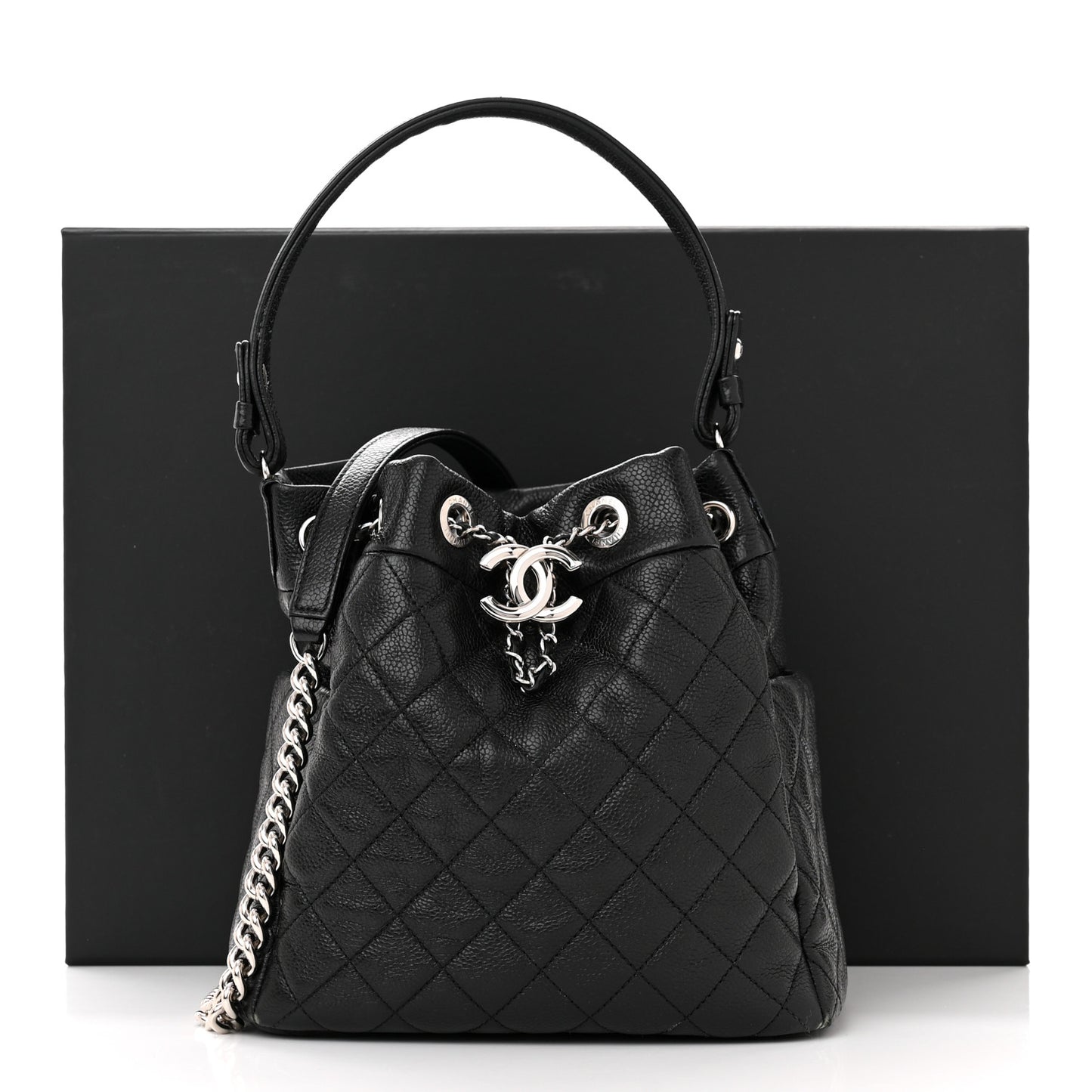 Caviar Quilted Small Chain Bucket Bag Black