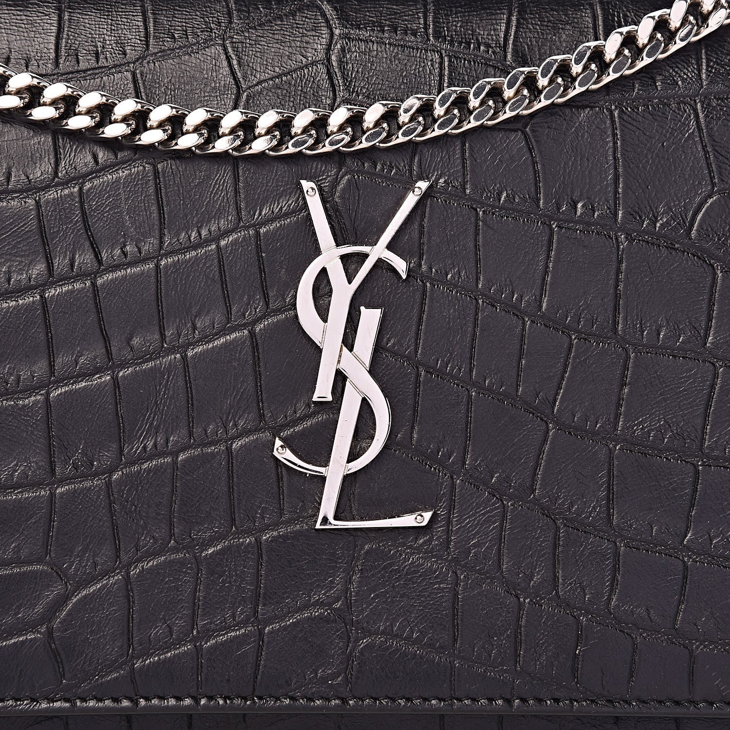 Saint Laurent Calfskin Crocodile Embossed Monogram Chain Wallet Black 8 of 11