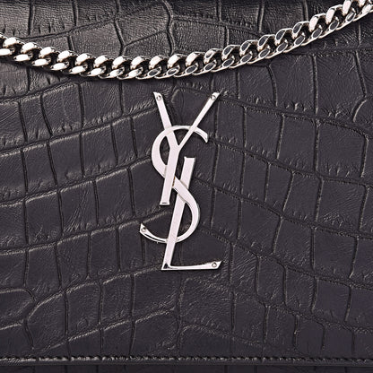 Saint Laurent Calfskin Crocodile Embossed Monogram Chain Wallet Black 8 of 11