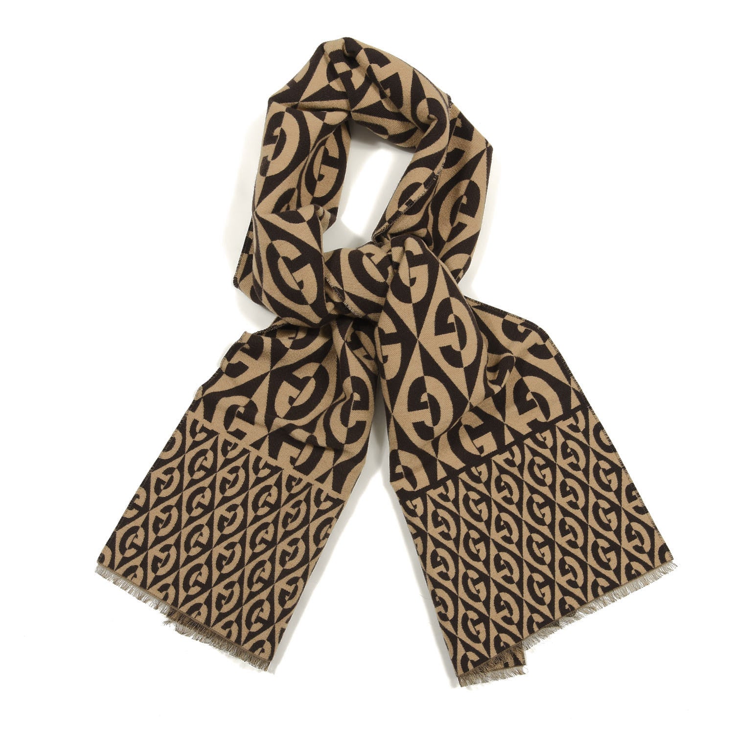 Gucci Wool Cotton Jacquard G Rhombus Scarf Beige Brown 1 of 4