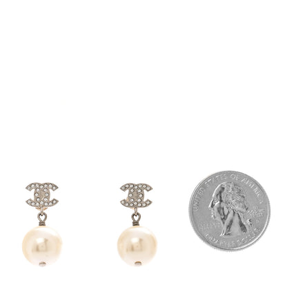 Chanel Crystal Pearl CC Drop Earrings Silver Pearly White 2 of 5