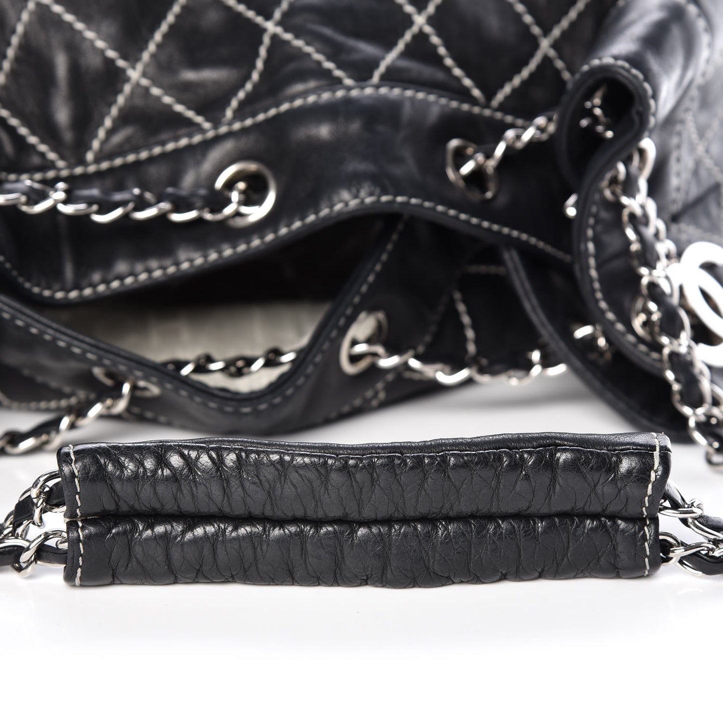 Lambskin Contrast Stitch Large Drawstring Tote Black
