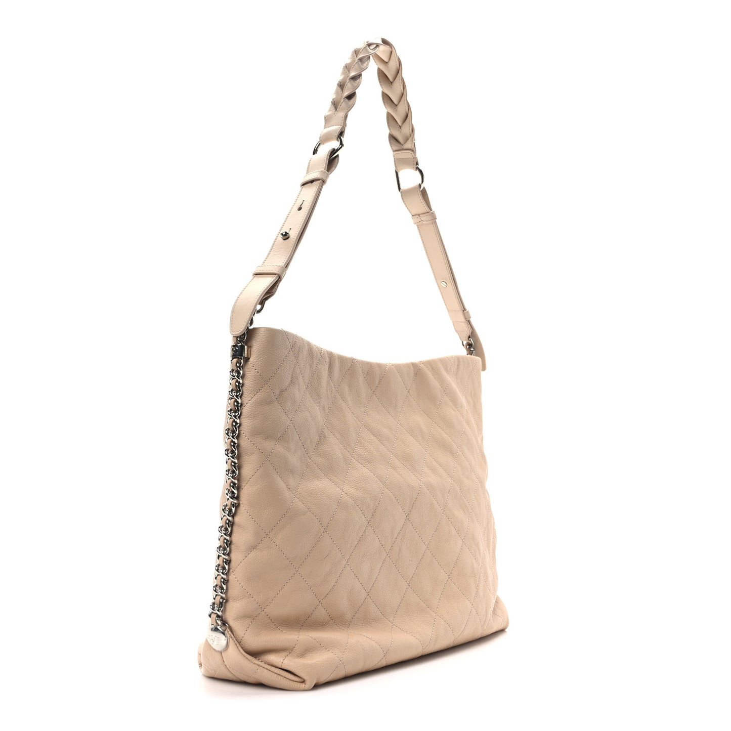 Grained Calfskin Stitched Medium Braided With Style Hobo Beige