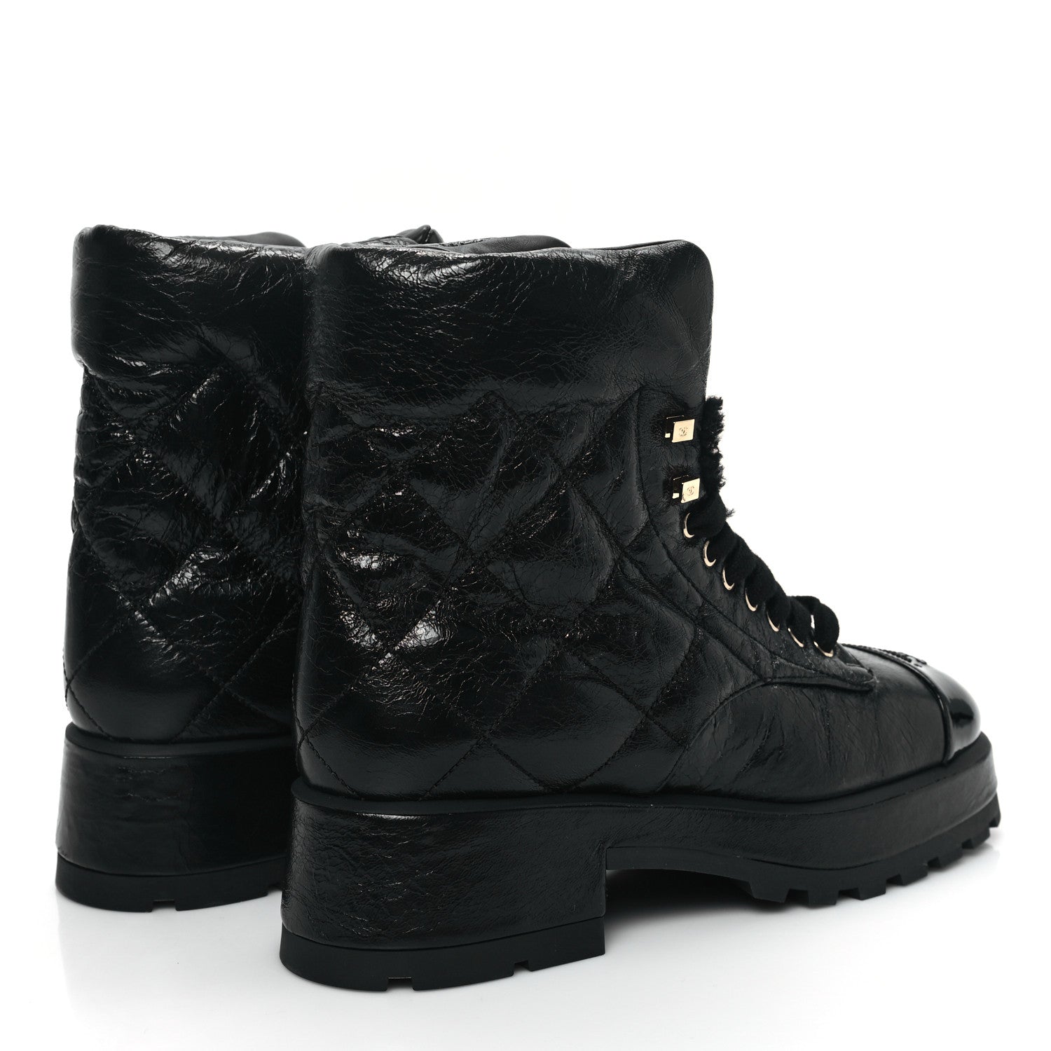 Chanel Crumpled Patent Lambskin Calfskin Quilted Lace Up Combat Boots 41.5 Black 4 of 9