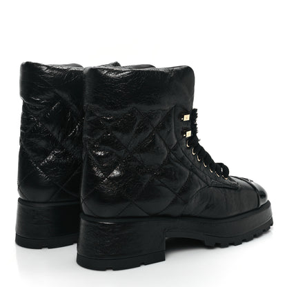 Chanel Crumpled Patent Lambskin Calfskin Quilted Lace Up Combat Boots 41.5 Black 4 of 9