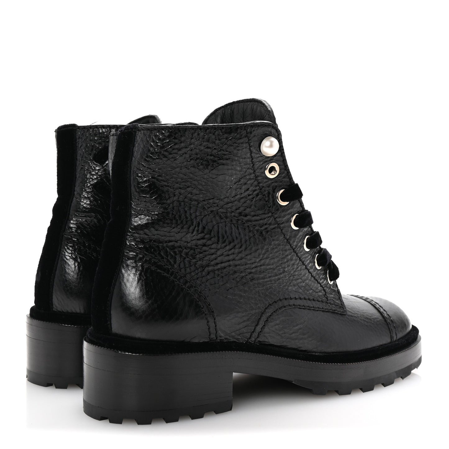 Shiny Calfskin Velvet Pearl Combat Short Boots 38 Black