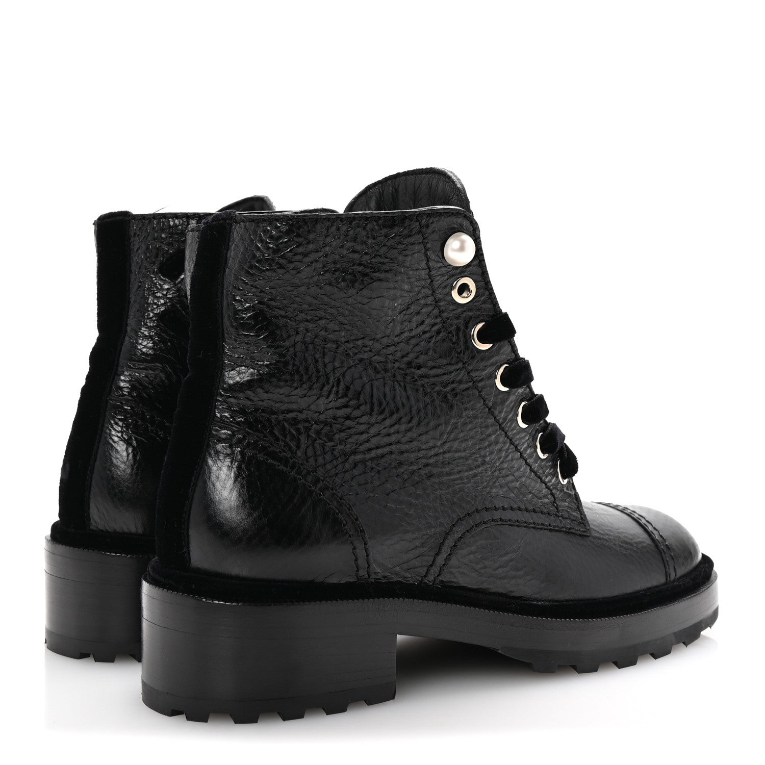 Chanel Shiny Calfskin Velvet Pearl Combat Short Boots 38 Black 5 of 10