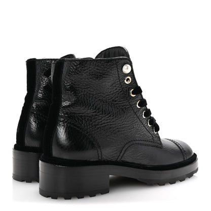 Chanel Shiny Calfskin Velvet Pearl Combat Short Boots 38 Black 5 of 10