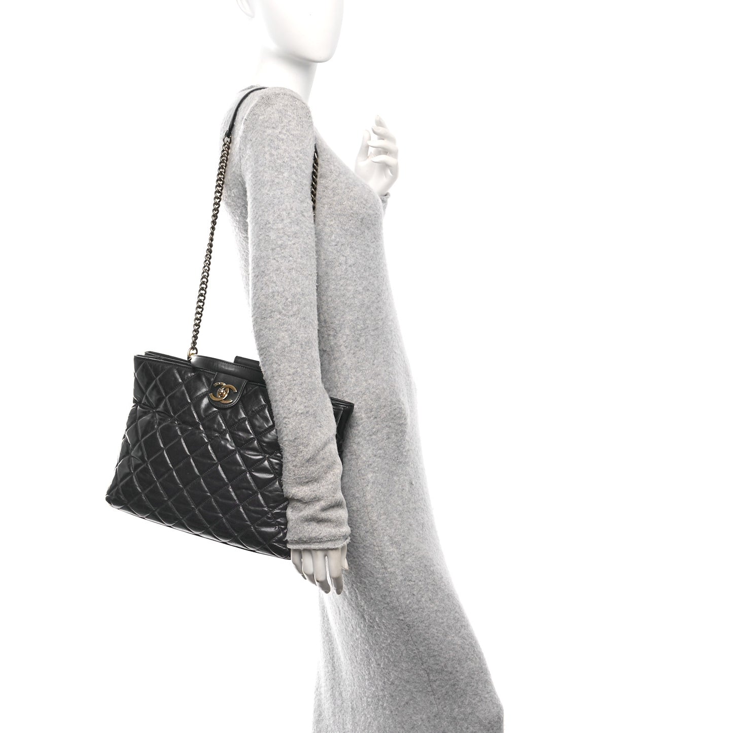 Calfskin Quilted Large Gold Bar Top Handle Tote Dark Navy Blue