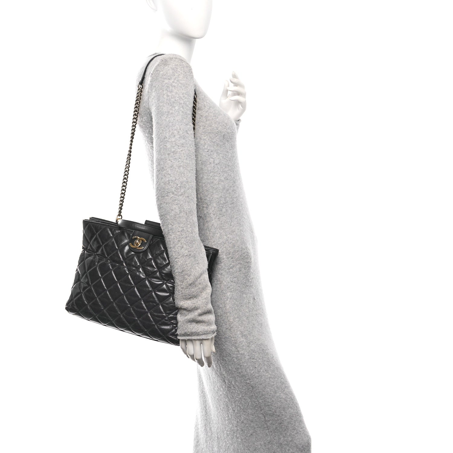 Chanel Calfskin Quilted Large Gold Bar Top Handle Tote Dark Navy Blue 2 of 10