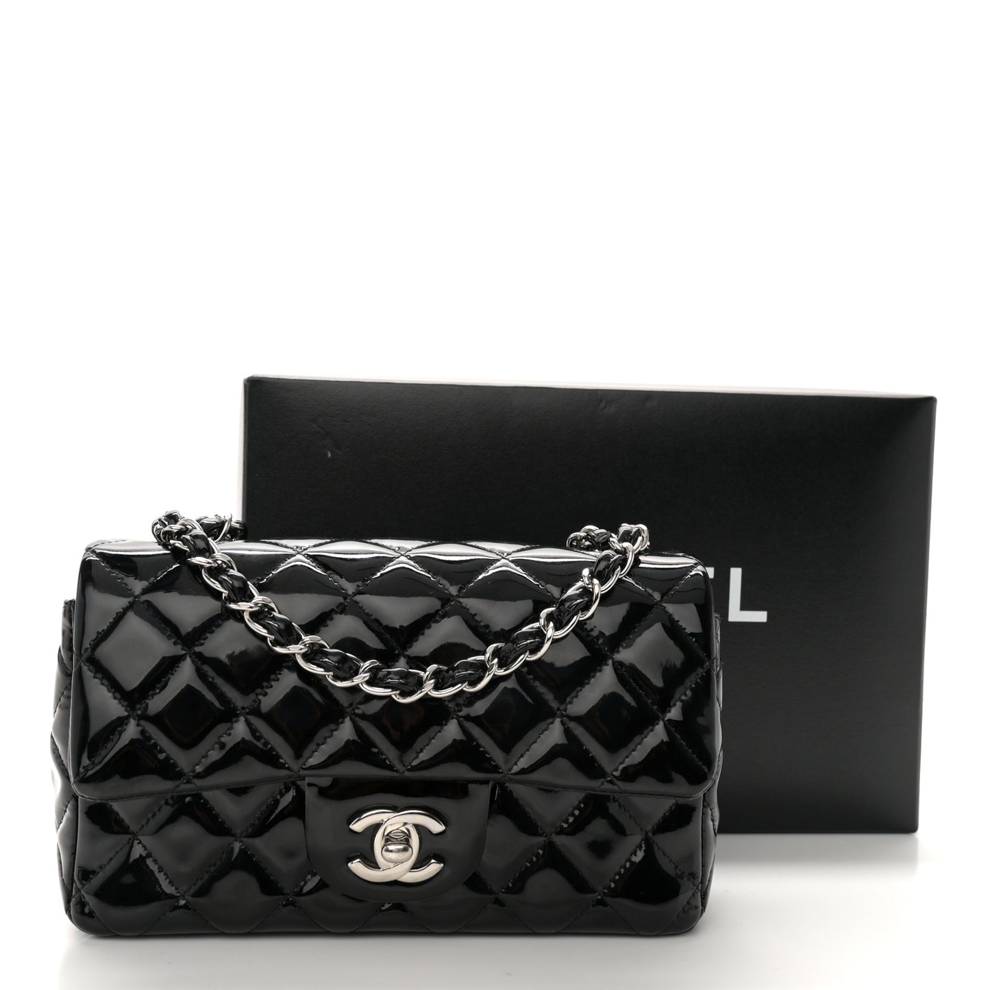 Patent Calfskin Quilted Mini Rectangular Flap Black