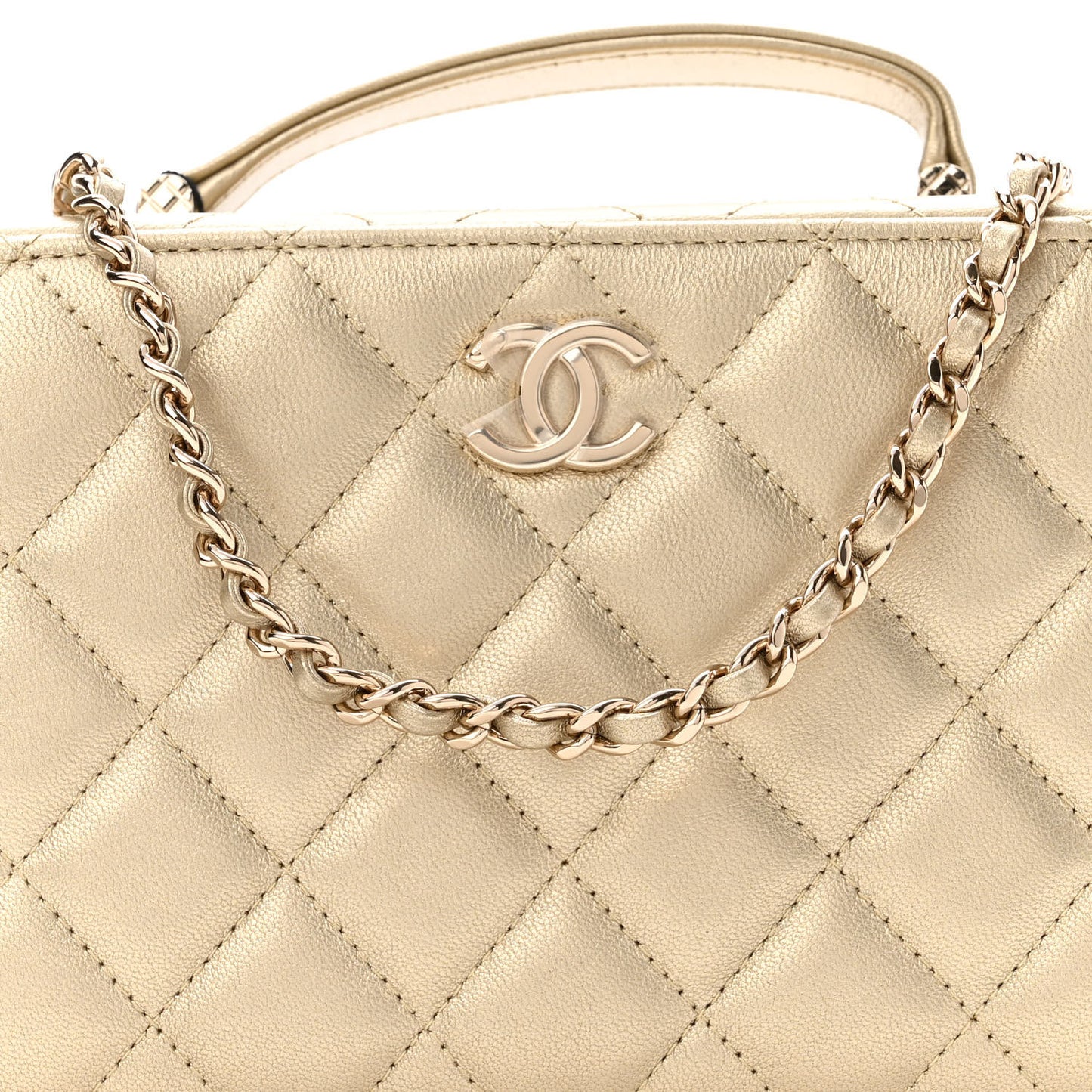 Metallic Lambskin Quilted Top Handle Vanity Case Gold