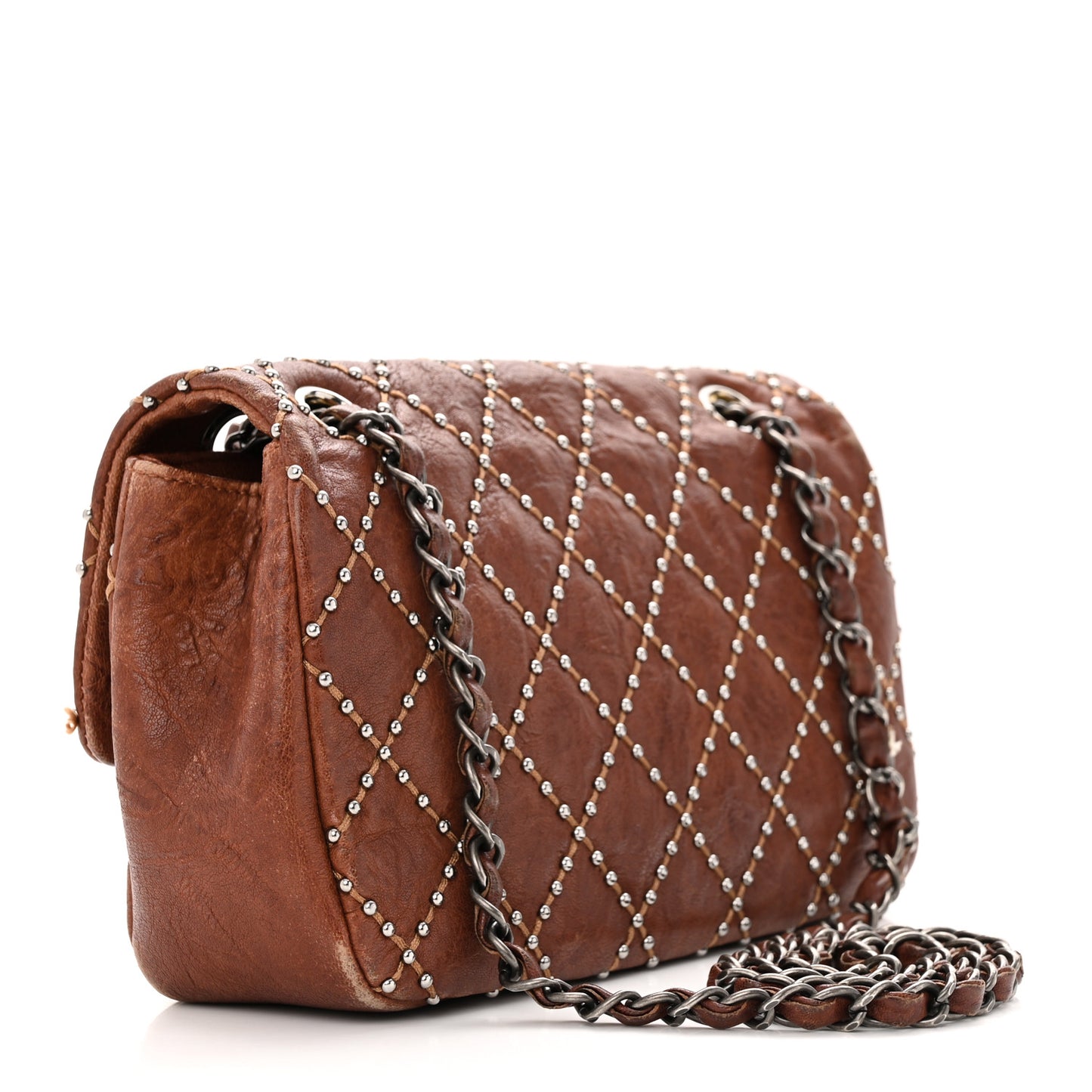 Crumpled Lambskin Studded Paris Dallas Flap Bag Brown