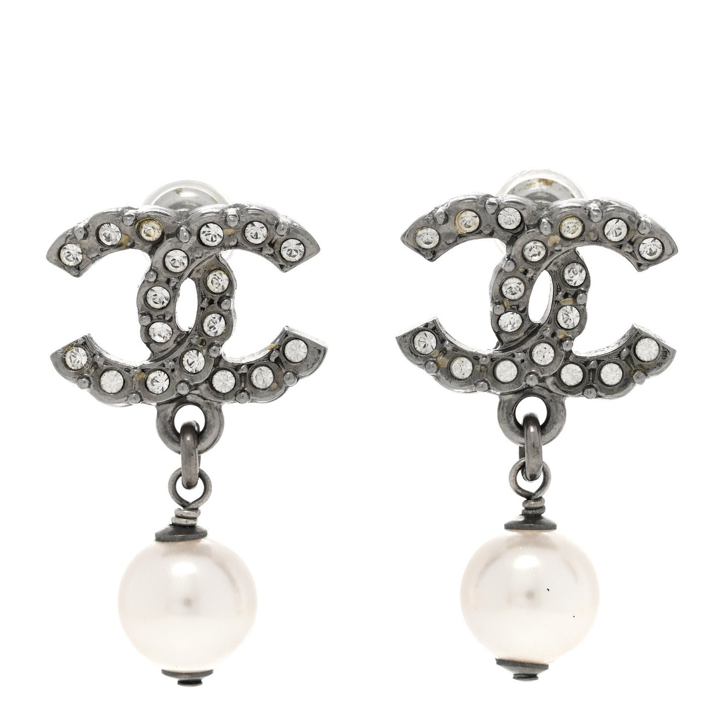 Crystal Pearl CC Drop Earrings Silver