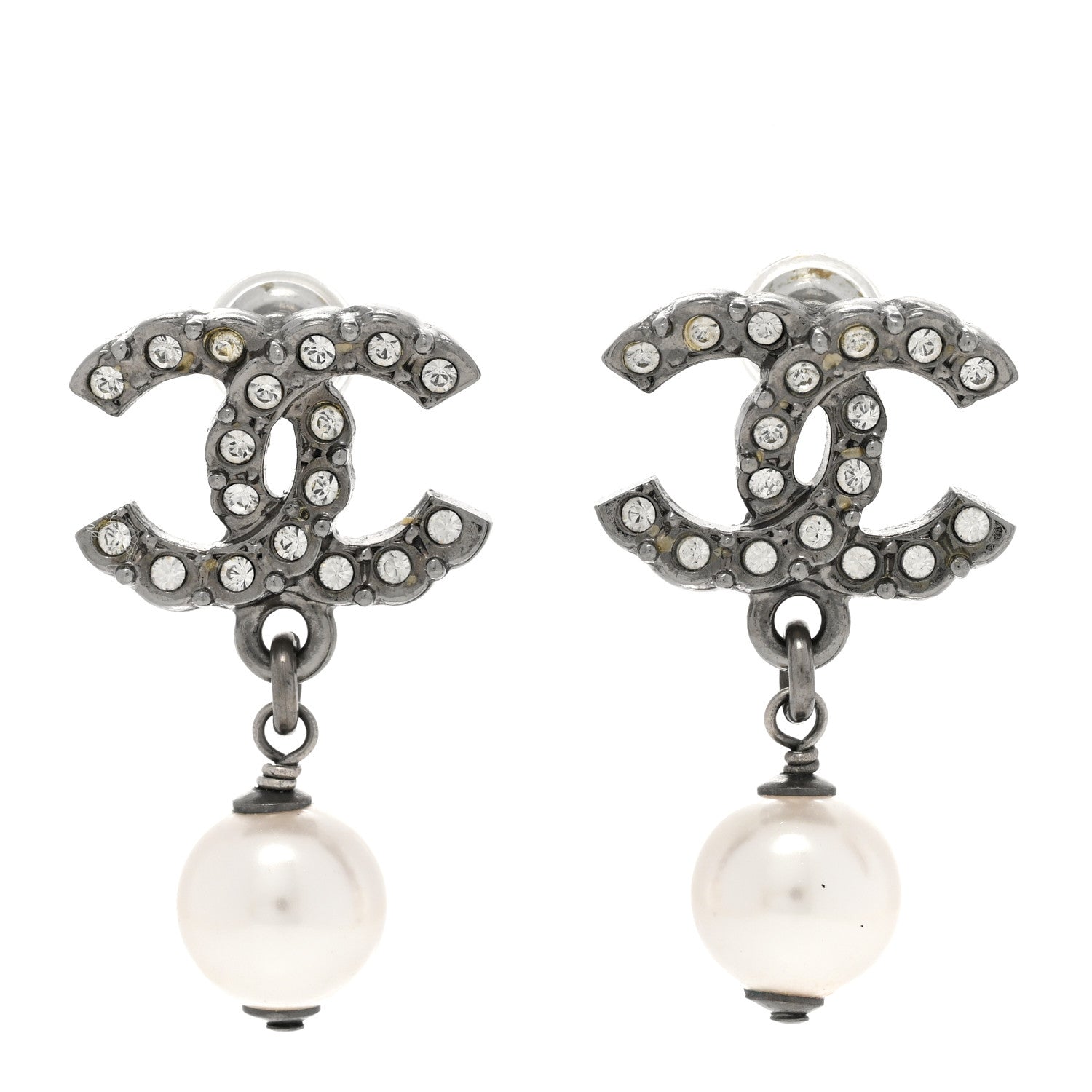 Chanel Crystal Pearl CC Drop Earrings Silver 1 of 6