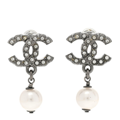 Chanel Crystal Pearl CC Drop Earrings Silver 1 of 6