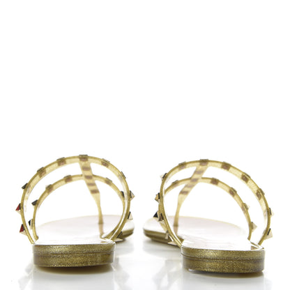 Valentino Garavani PVC Jelly Glitter Rockstud Caged Flat Thong Sandals 40 Oro 6 of 9