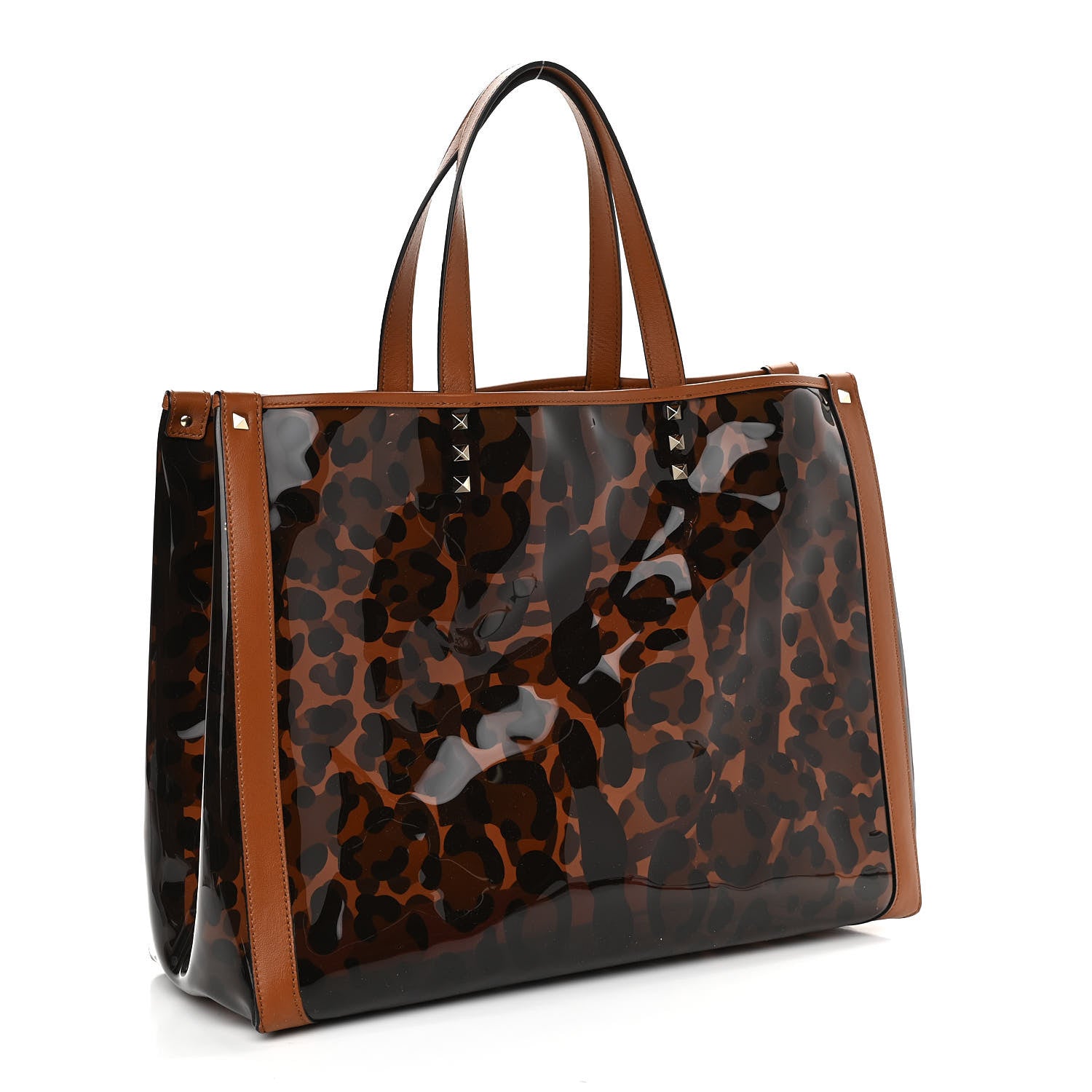 Valentino Garavani PVC Leopard Print Small Rockstud Shopping Tote Brown 4 of 10