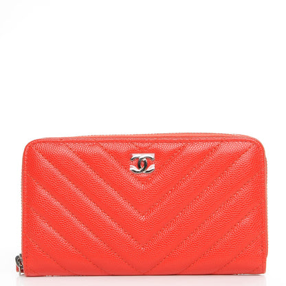 Chanel Caviar Chevron Quilted Small Zip Around Wallet Red 1 of 9