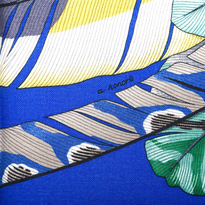Hermes Cashmere Silk Plumes En Fete Shawl 140 Bleu Roy Jaune Rouge 6 of 7