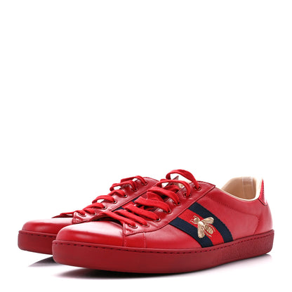 Gucci Miro Soft Calfskin Laminated Ayers Web Bee Embroidered Mens Ace Sneakers 12 Hibiscus Red Red Flame Notte 3 of 10