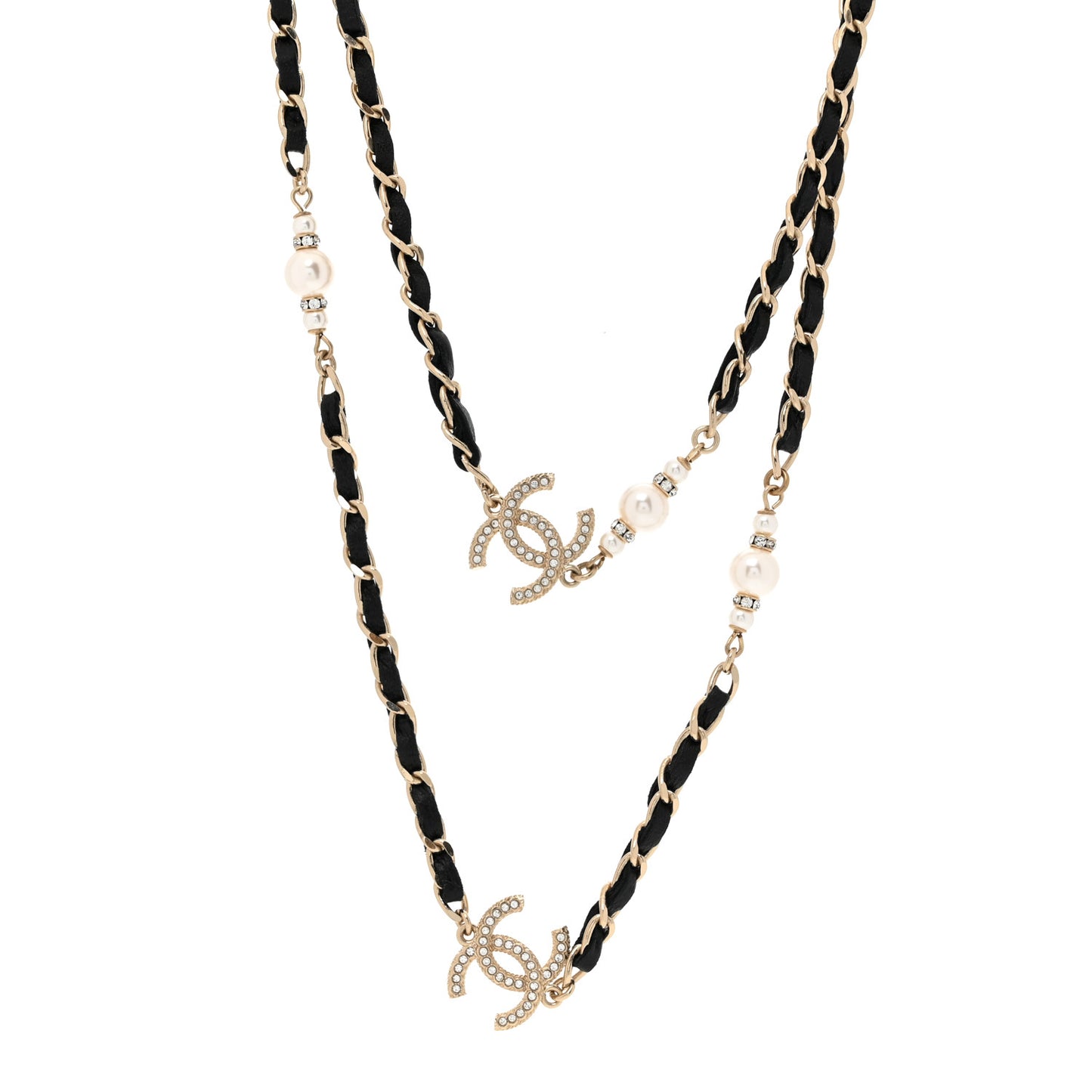 Lambskin Pearl CC Long Chain Necklace Black Gold